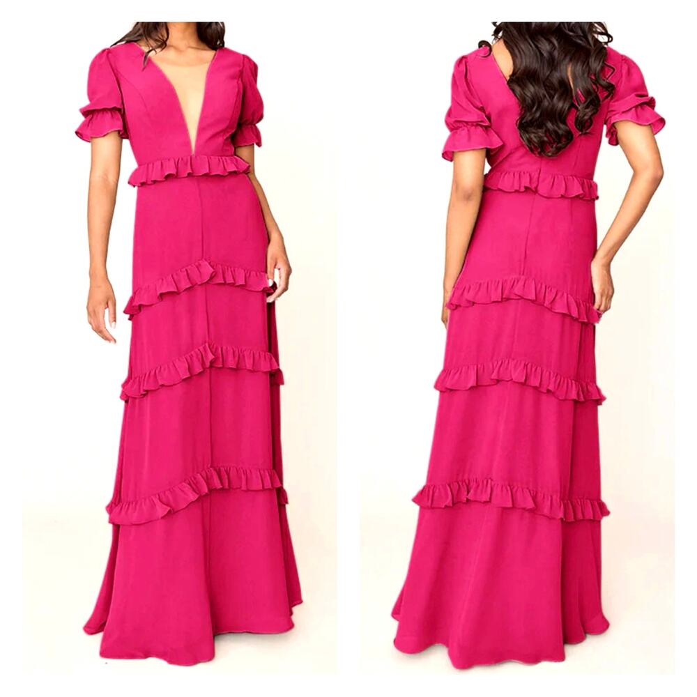 REVELRY | Harley Chiffon Ruffle Maxi Dress Puffed Sleeves Fuchsia Hot Pink |‎ 26